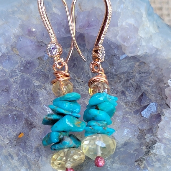 💥LAST PAIR💥Genuine Turquoise Citrine Rosegold Drop Earrings - Picture 7 of 8
